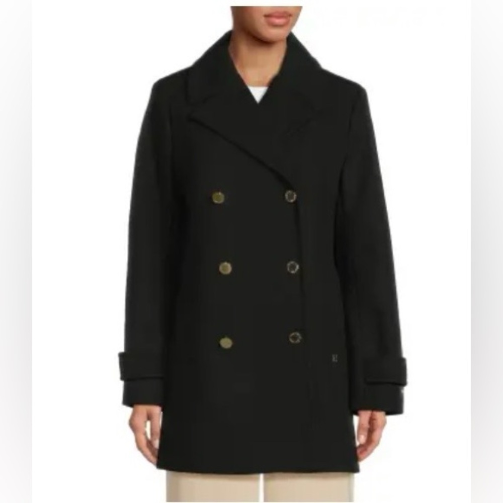 NWT Halston Black Double Breasted  Faux Wool Peacoat Gold Buttons L MSRP $300